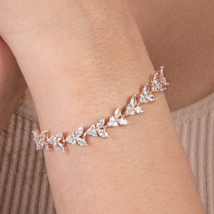 Three Stone & Leaf Style Bridesmaid Bracelet for Wedding Day, AAA CZ Bridal Bracelet Jewelry, Bride Bridesmaid Jewelry, Wedding Jewelry