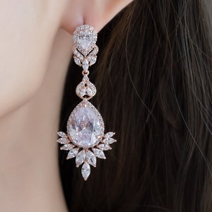 Wedding Earrings for Brides, Cubic Zirconia Long Dangle Bridesmaid Earrings, Wedding Jewelry, Bride Earrings, Bridesmaid Jewelry