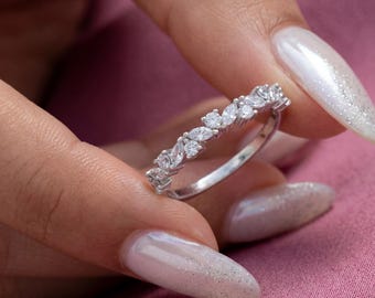 Marquise Round Moissanite Wedding Band 925 Sterling Silver Dainty Stackable Ring