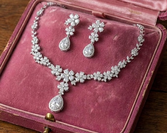 CZ Leaf Necklace Earring Bridal Jewelry Nature Inspired Wedding Set