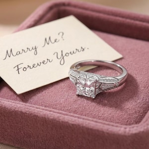 Vintage Princess Cut Moissanite Ring, 925 Sterling Silver Engraved Engagement Ring