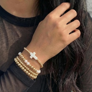 Gold Beaded Bracelet Set Cross Round Stretch Acrylic Bracelets for Women Birthday Gift