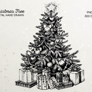 Christmas tree png. Christmas line drawing print, black and white sublimation digital download art.