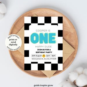 ONE Happy Dude Birthday Invitation | Editable Canva Template | 1st Birthday Invite for Boy | Checkerboard Party Theme | Digital Download