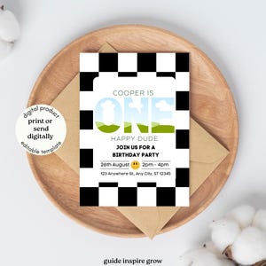 ONE Happy Dude Birthday Invitation | Editable Canva Template | 1st Birthday Invite for Boy | Checkerboard Party Theme | Digital Download