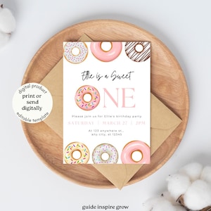 Sweet ONE Donut Birthday Invitation | Editable Canva Template | 1st Birthday Girl or Boy | Digital Download | Printable Party Invite