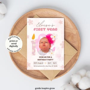 Pink Floral First Birthday Invitation | Editable Canva Template | Photo Birthday Invite | Digital Download | 1st Birthday Girl Party