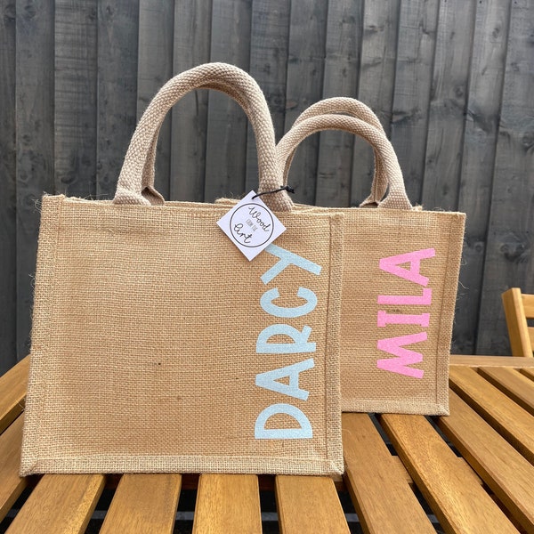 Personalised small Blocky font Jute Bag, shopper, bag for life, lunch bag, everyday bag.