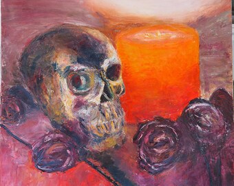 May include: A still life painting featuring a human skull, a lit candle, and several dark red roses. The skull is positioned in the foreground, with the candle and roses behind it. The painting is done in a realistic style, with a focus on the textures and details of the objects.