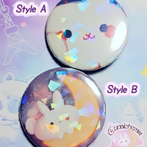 Kawaii Moon Bunny 38mm Holographic Pin Button Badges image 3
