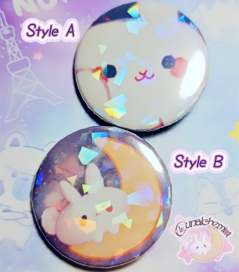 Kawaii Moon Bunny 38mm Holographic Pin Button Badges image 3