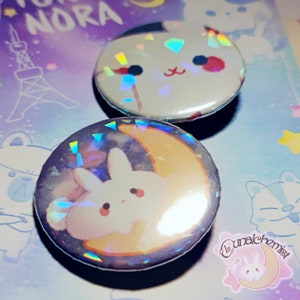 Kawaii Moon Bunny 38mm Holographic Pin Button Badges image 1