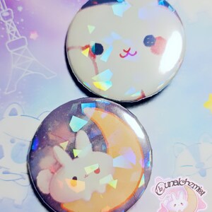 Kawaii Moon Bunny 38mm Holographic Pin Button Badges image 2