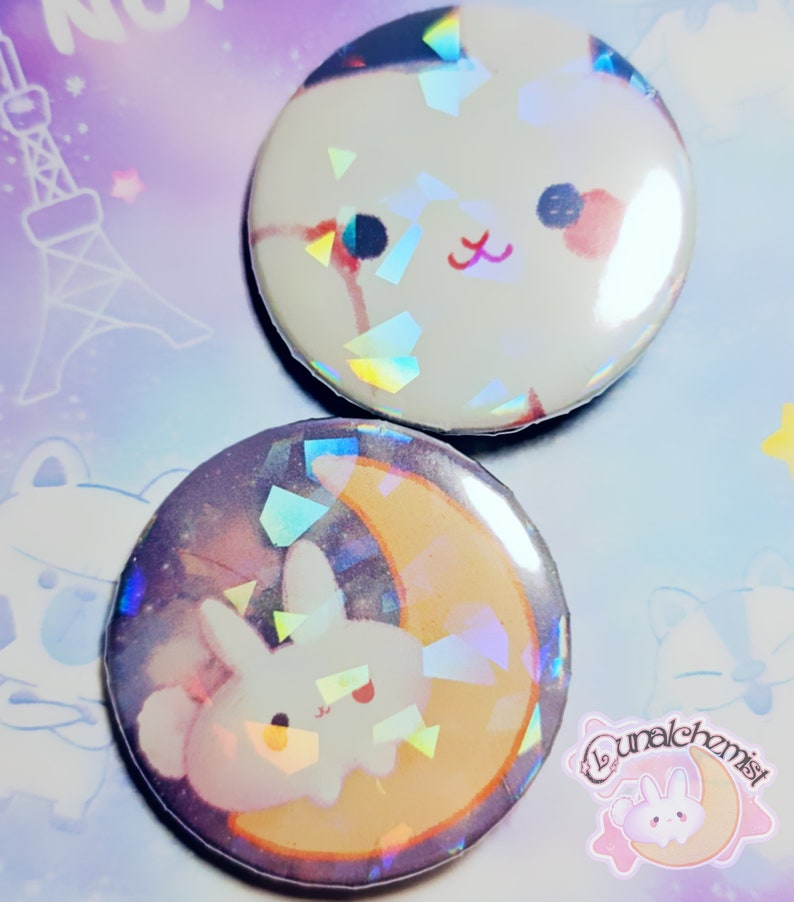 Kawaii Moon Bunny 38mm Holographic Pin Button Badges image 2