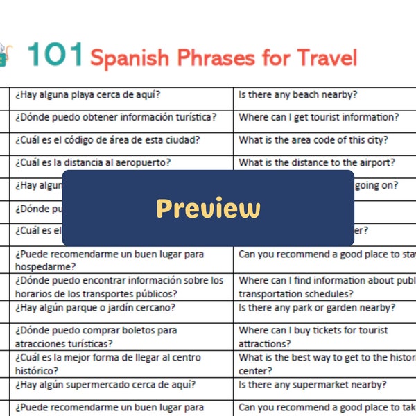 101 Spanish Travel Phrases with translation and practice sheets