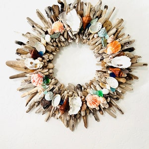 Driftwood wreath with shells and sea glass