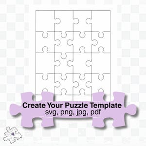 May include: A white puzzle template with 20 pieces, outlined in black. A light purple puzzle piece shape at the bottom has the text "Create Your Puzzle Template svg, png, jpg, pdf". A small puzzle piece with a heart is in the lower left corner.
