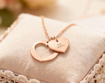 Heart Cutout Necklace, Stainless Steel, 'For Keeps' Engraved Pendant