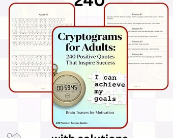Printable Cryptograms Book, Positive Quote Cipher Puzzles for Adults with Solutions (PDF Download)