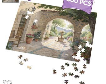 Watercolor Mediterranean Village Patio Jigsaw Puzzle: 500 Pieces with Tin