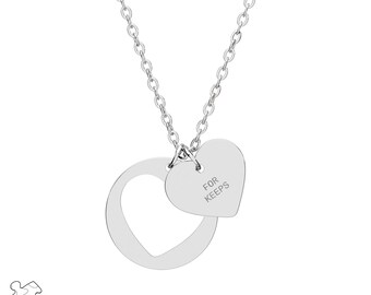 Heart Cutout Necklace, Stainless Steel, 'For Keeps' Engraved Pendant