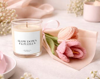 Puzzle Lover Gift Set for Her, Slow Down Puzzle Candle and Crochet Flower Bouquet