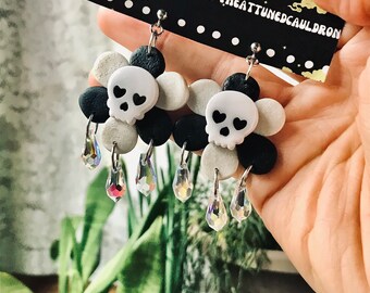 The 'Classic' Skull Dangle Prism Flower Earrings/ Skull Earrings/ Prism Earrings/ Goth Earrings/ Statement Earrings