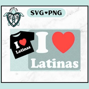 Puede incluir: Un diseño gráfico con una "I" blanca y un corazón rojo con el texto "Latinas" en blanco. El diseño está sobre un fondo azul claro.