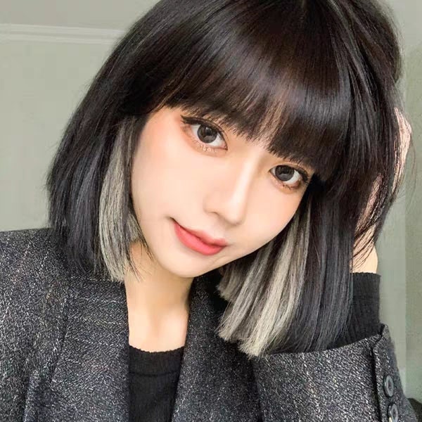 Black White Peekaboo Dye Bob Cut Short Straight Wig Harajuku Etsy Black White Peekaboo Dye Bob Cut Short Straight Wig Harajuku Etsy