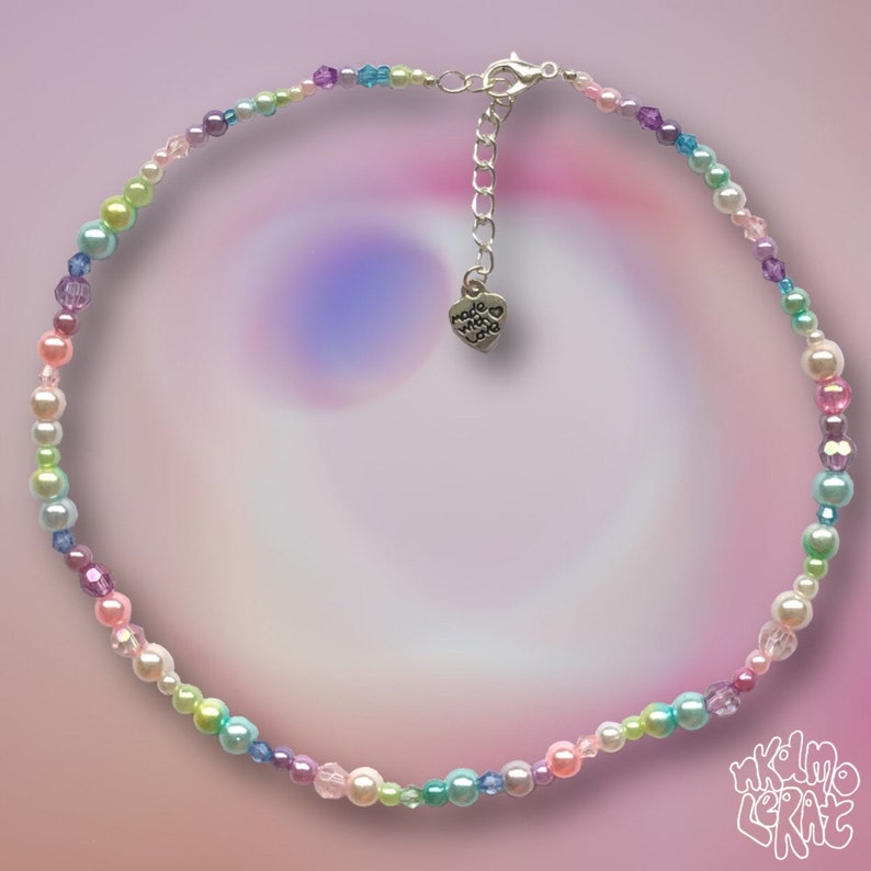 bubbles-one of a kind handmade pearl imitation glass crystal bead blue green purple pink necklace choker adjustable chain clasp