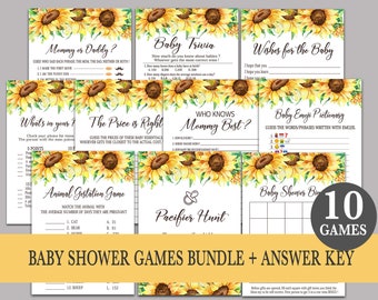 Sunflower baby shower games bundles, Sunflowers games bundle pack printable, Bingo, Price is Right, Pacifier Hunt, Emoji, Baby wish card G05