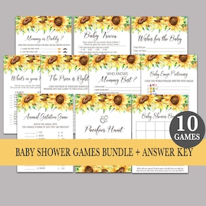 Paquetes de juegos de ducha de bebé girasol, paquete de juegos de girasoles imprimible, Bingo, Precio es correcto, Caza de chupetes, Emoji, Tarjeta de deseo de bebé G05