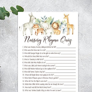 Nursery Rhyme Quiz, comptines baby shower jeux, jeu de crèche, Safari Baby Shower Games imprimable Jungle Boy Baby Shower Activités G09