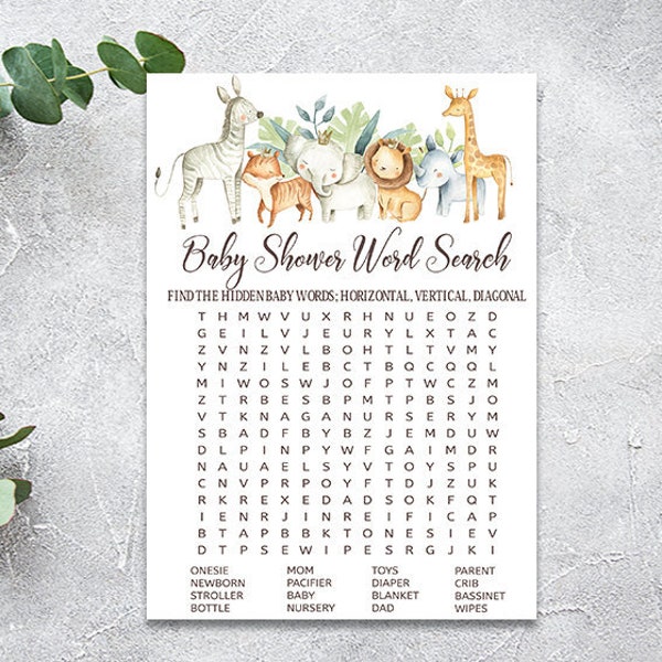 Safari Baby Shower Word Search Game, Cute animals Baby Word Search Printable, Zoo animal Jungle Boy Baby Shower games fun activity cards G09