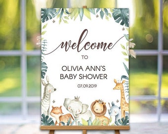 Safari baby shower welcome sign, jungle baby shower welcome sign decoration, Greenery animals welcome safari birthday welcome sign decor G09