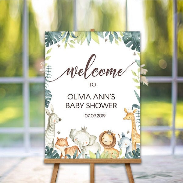 Safari baby shower welcome sign, jungle baby shower welcome sign decoration, Greenery animals welcome safari birthday welcome sign decor G09