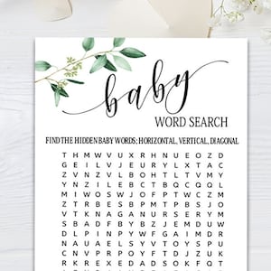 May include: A printable baby word search game with a green leafy design. The game features a grid of letters with words related to babies hidden within. The words are listed below the grid, including "onesie", "newborn", "stroller", "bottle", "mom", "pacifier", "baby", "nursery", "toys", "diaper", "blanket", "dad", "parent", "crib", "bassinet", and "wipes".