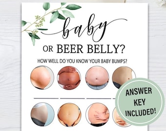 Groen Baby shower bier of babyspel, bladeren baby shower babybuil of bierbuik, eucalyptus Raadspelkaart Boho Baby Shower Games G17