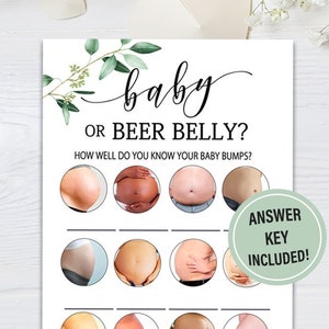 Greenery Baby shower beer or baby game, leaves baby shower baby bump or beer belly, eucalyptus Guessing Game Card Boho Baby Shower Games G17 image 1