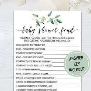 Juego de pelea de baby shower Greenery, juego de fiesta de pelea familiar de ducha de hojas, tarjeta de juego de adivinanzas de eucalipto, juegos de baby shower Boho imprimibles G17