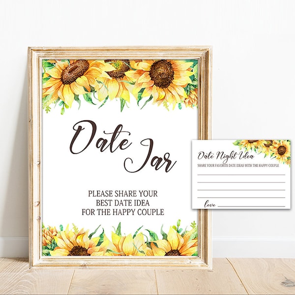 Sunflower bridal shower date night ideas cards Sunflower date night ideas template date night ideas sign Printable rustic wedding shower G05