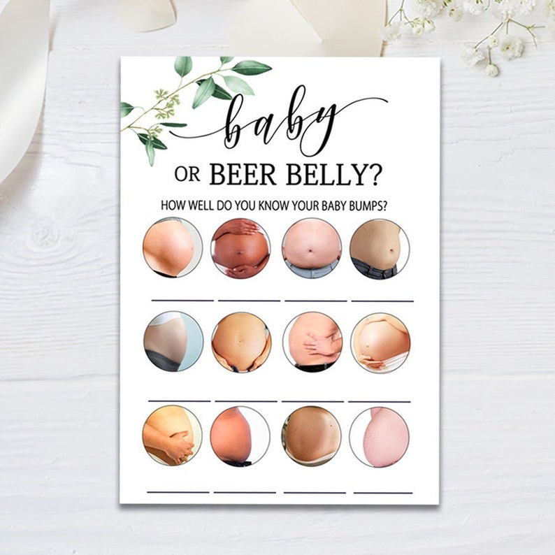 Greenery Baby shower beer or baby game, leaves baby shower baby bump or beer belly, eucalyptus Guessing Game Card Boho Baby Shower Games G17 image 2