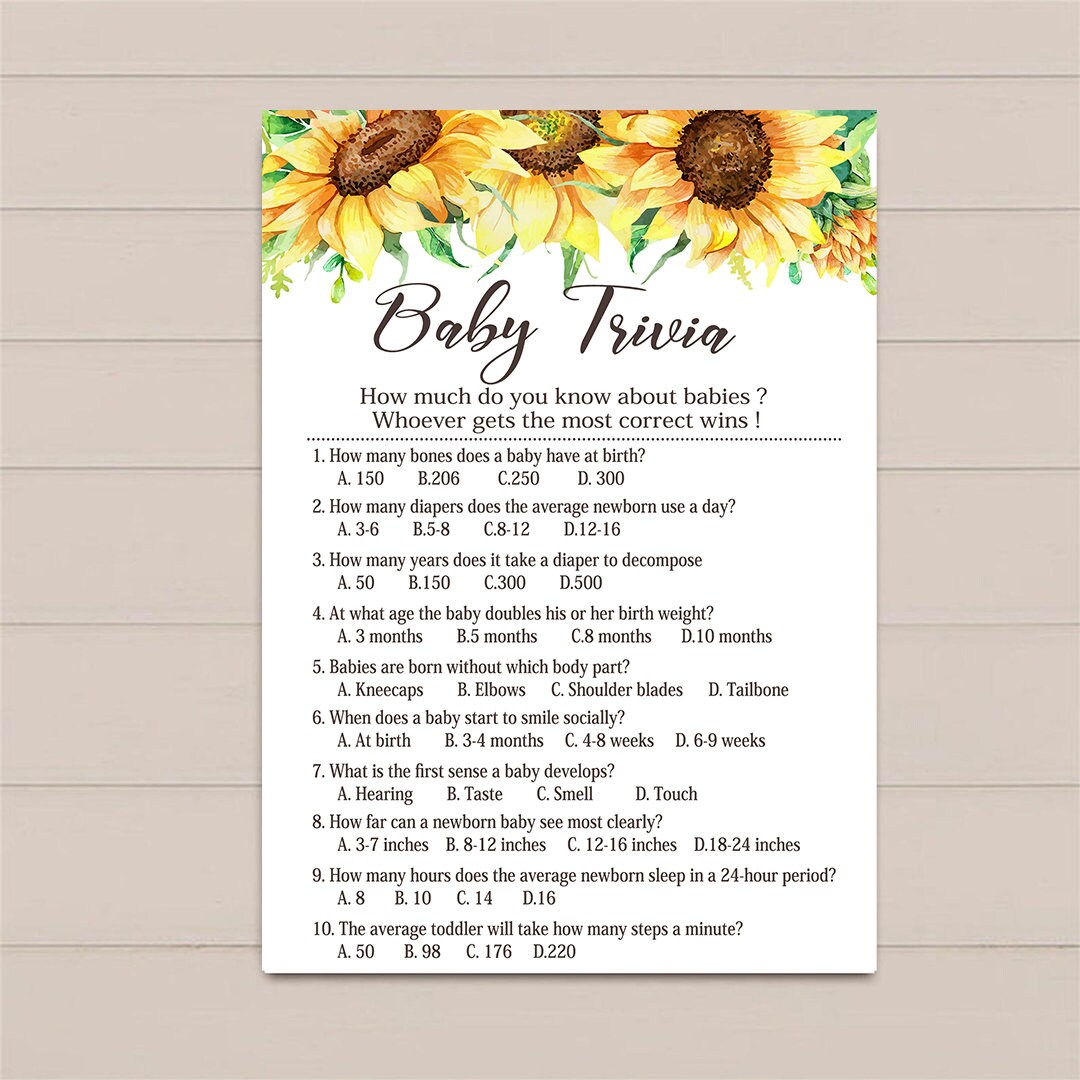 Sunflower Baby Shower Trivia Game, Sunflowers Baby Shower Games