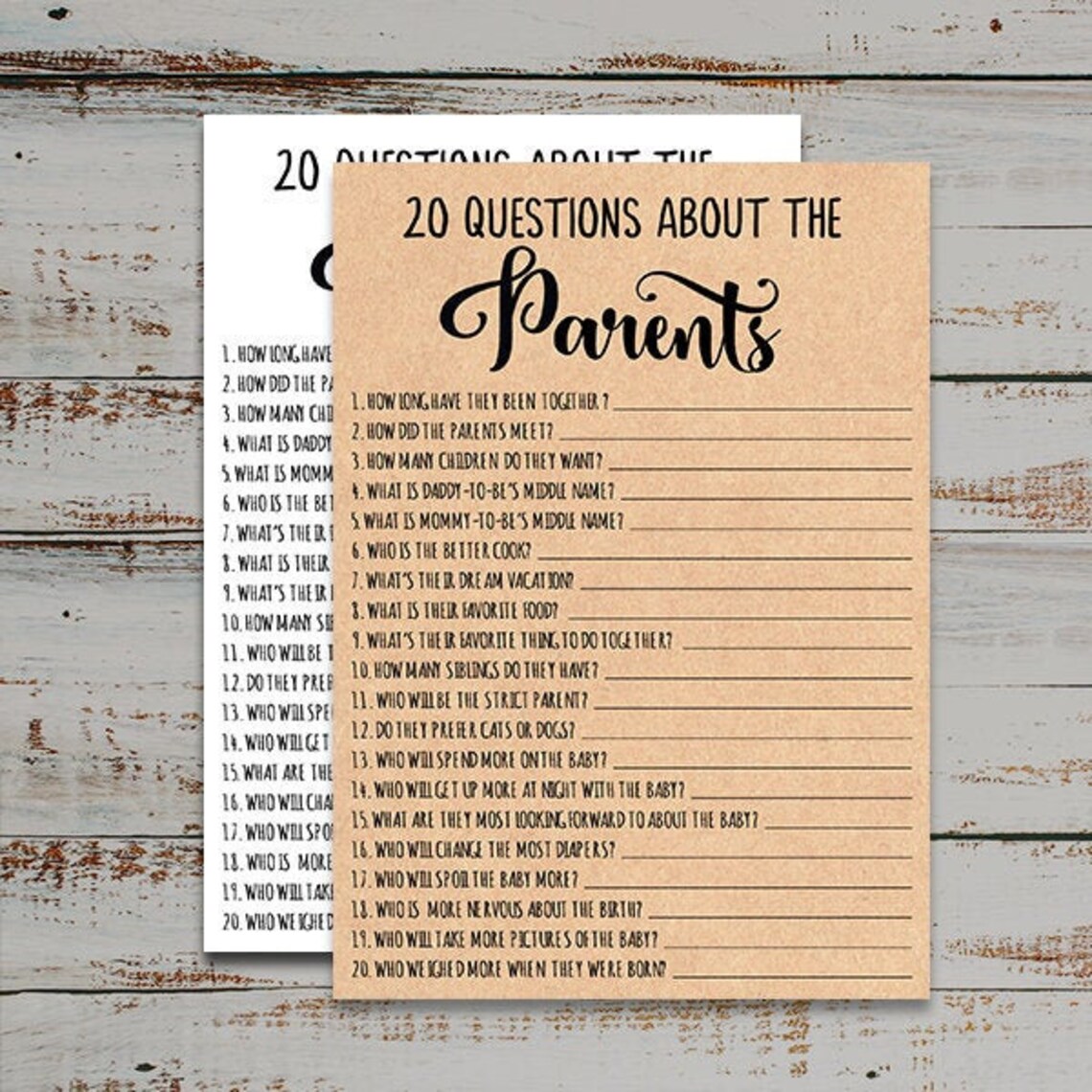 20 Questions About the Parents Baby Shower Game Rustic Coed Etsy