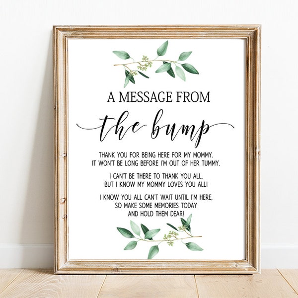 Message From The Bump game printable, Greenery Baby shower Games, eucalyptus Baby Bump Sign, Boho Baby Shower Message From Baby 8x10 pdf G17