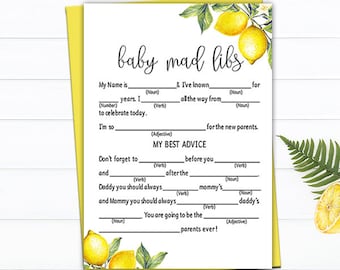 Lemon Baby Shower Mad Libs, Printable Baby, baby mad libs, baby mad lib cards printable, Madlibs Baby Game, baby shower games citrus pdf G03