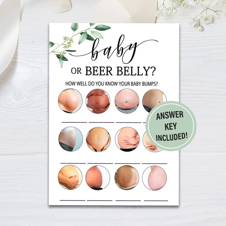 Greenery Baby shower beer or baby game, leaves baby shower baby bump or beer belly, eucalyptus Guessing Game Card Boho Baby Shower Games G17 image 1