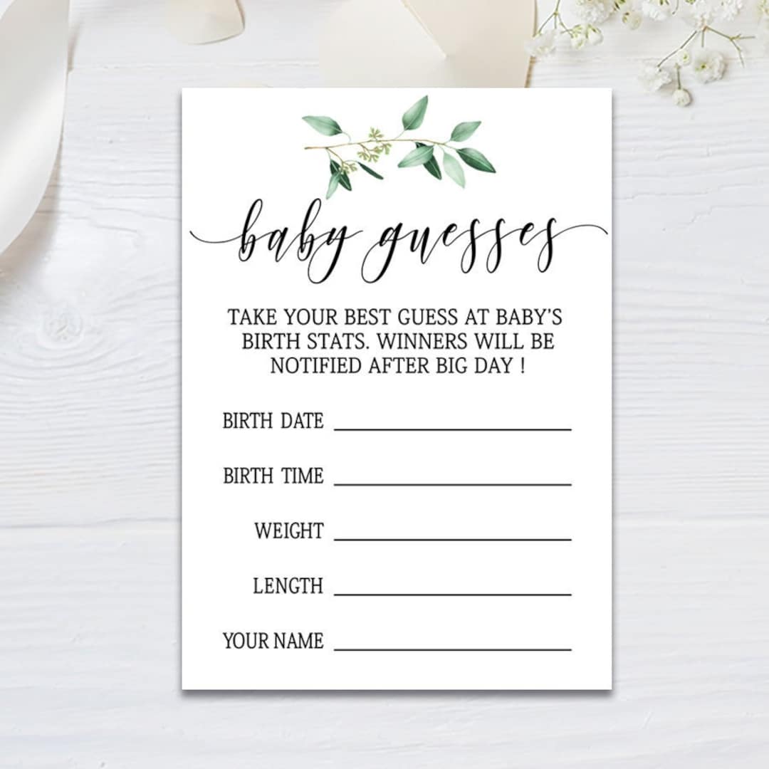 Baby Guesses Card, Greenery Baby Shower Games Printable, Due Date ...