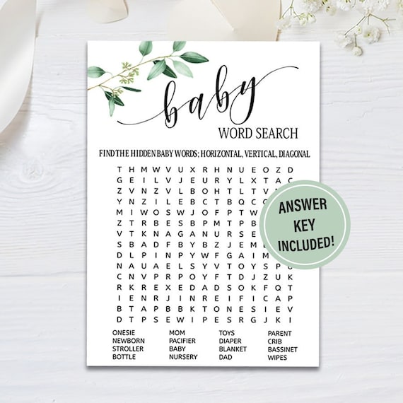 Boho Baby word search game boho, Greenery Baby shower games, eucalyptus Guessing Game Card Baby Shower party word Games Printable cards G17