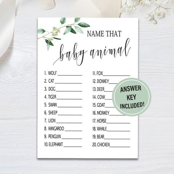 Baby Animal Game Printable Greenery Baby Shower Games Animal | Etsy